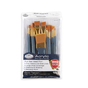 Royal & Langnickel Acrylic Brush Value Pack Short Handle Gold Taklon 15pc