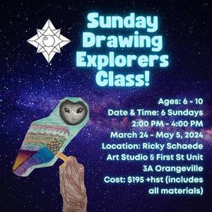 Spring Sunday Drawing Explorers Art Class with Ricky * 6 Sundays, 2:00 PM - 4:00 PM * March 24 - May 5, 2024.